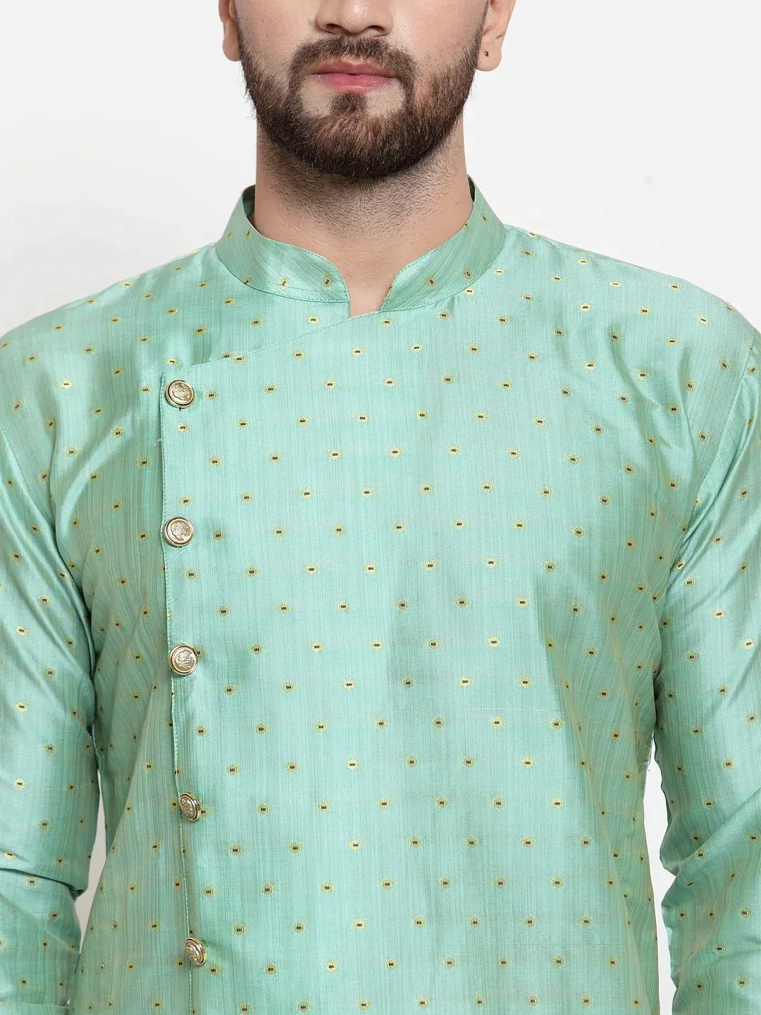 Men Sky-Blue & Golden Self Design Kurta With Churidar