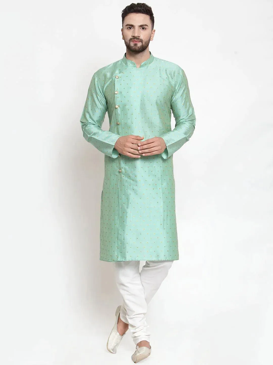 Men Sky-Blue & Golden Self Design Kurta With Churidar