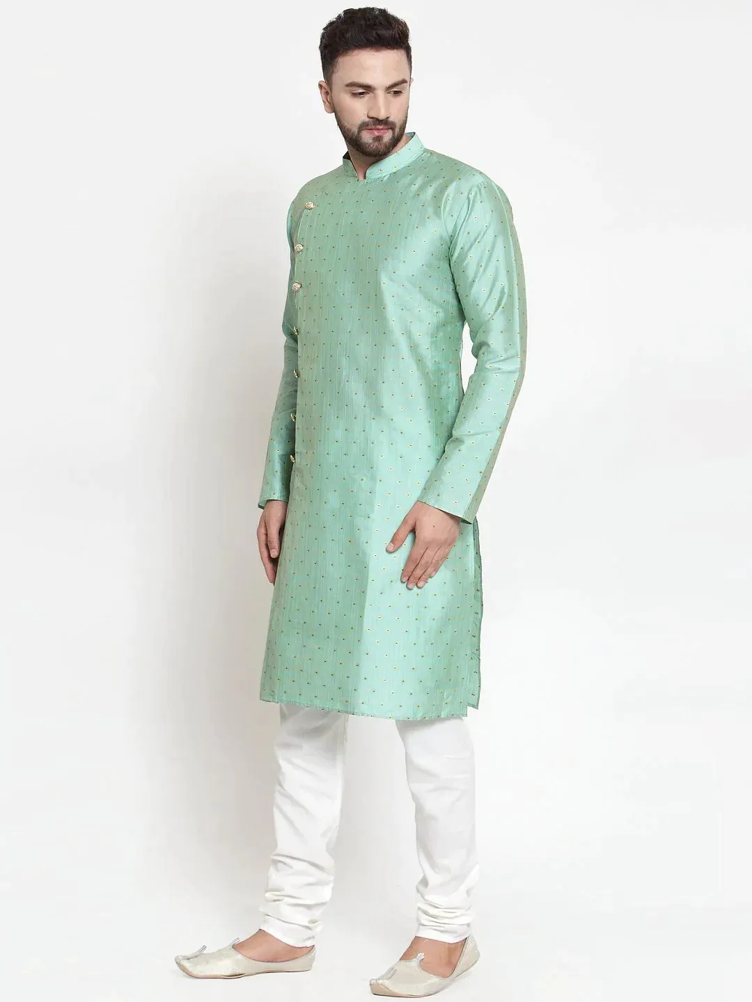 Men Sky-Blue & Golden Self Design Kurta With Churidar