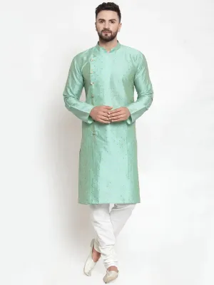 Men Sky-Blue & Golden Self Design Kurta With Churidar