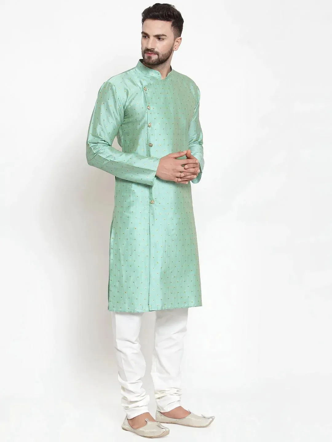 Men Sky-Blue & Golden Self Design Kurta With Churidar