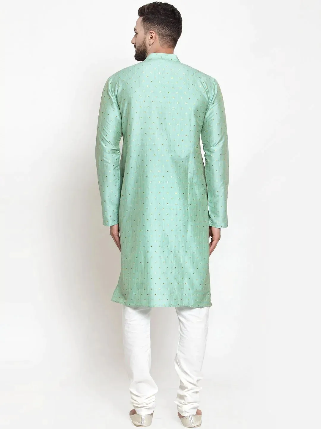 Men Sky-Blue & Golden Self Design Kurta With Churidar