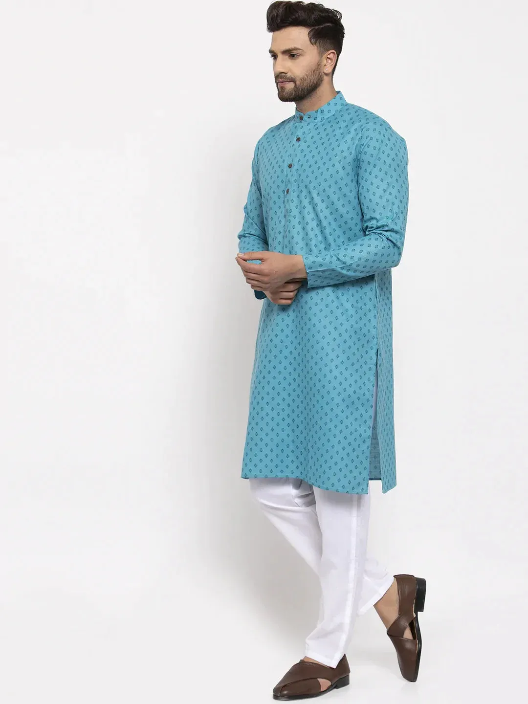 Men Sky Blue Printed Kurta With Pyjamas