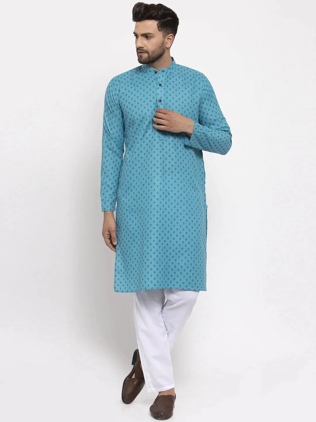 Men Sky Blue Printed Kurta With Pyjamas