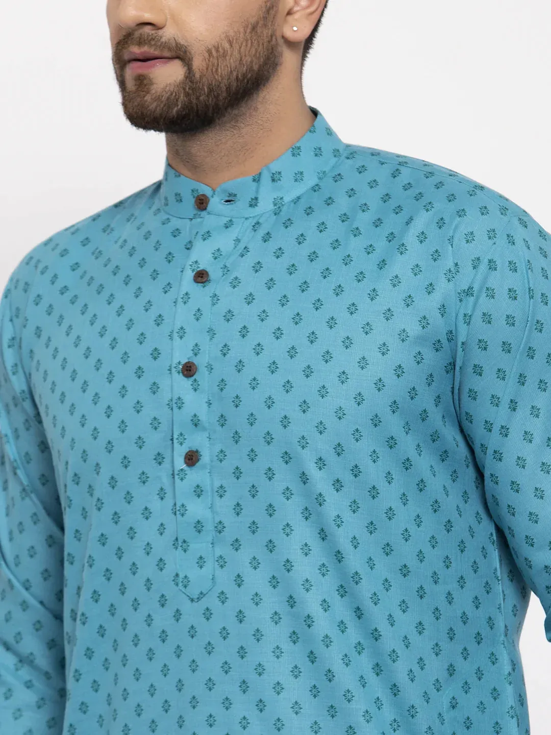 Men Sky Blue Printed Kurta With Pyjamas