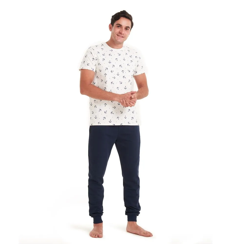 Men summer pajama set Anchor T-shirt  Dark blue pants