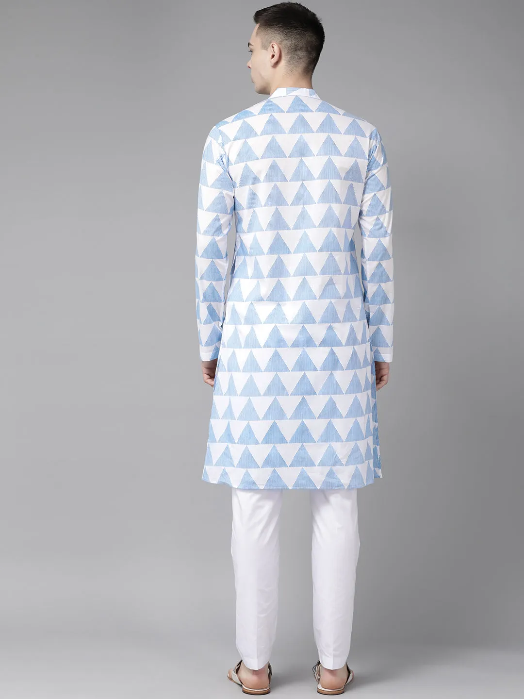 Men White & Blue Stripe Printed Straight Kurta With Pyjama