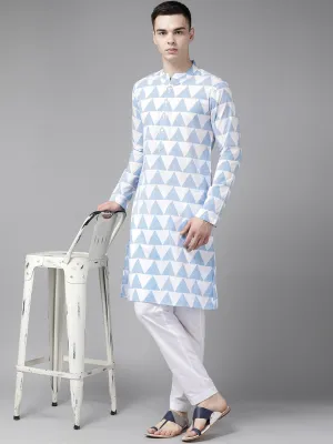 Men White & Blue Stripe Printed Straight Kurta With Pyjama