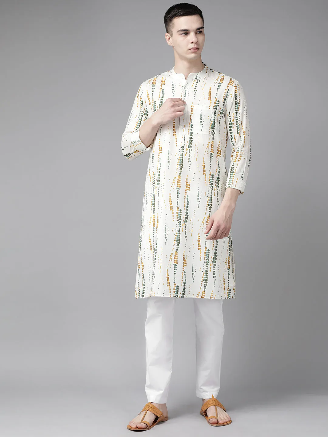 Men White Multi Tie And Dye Print Design Straight Kurta With Pajama