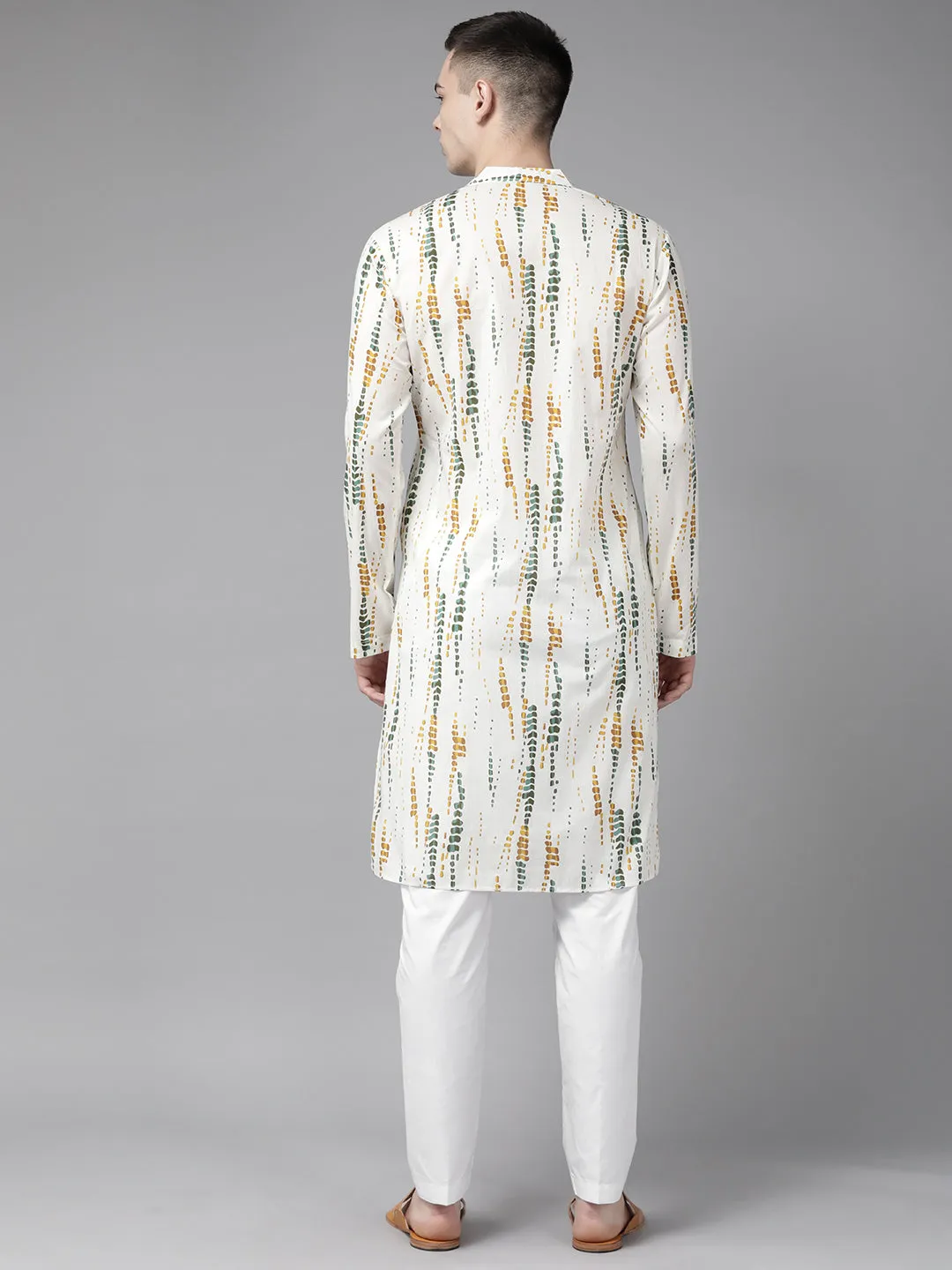 Men White Multi Tie And Dye Print Design Straight Kurta With Pajama