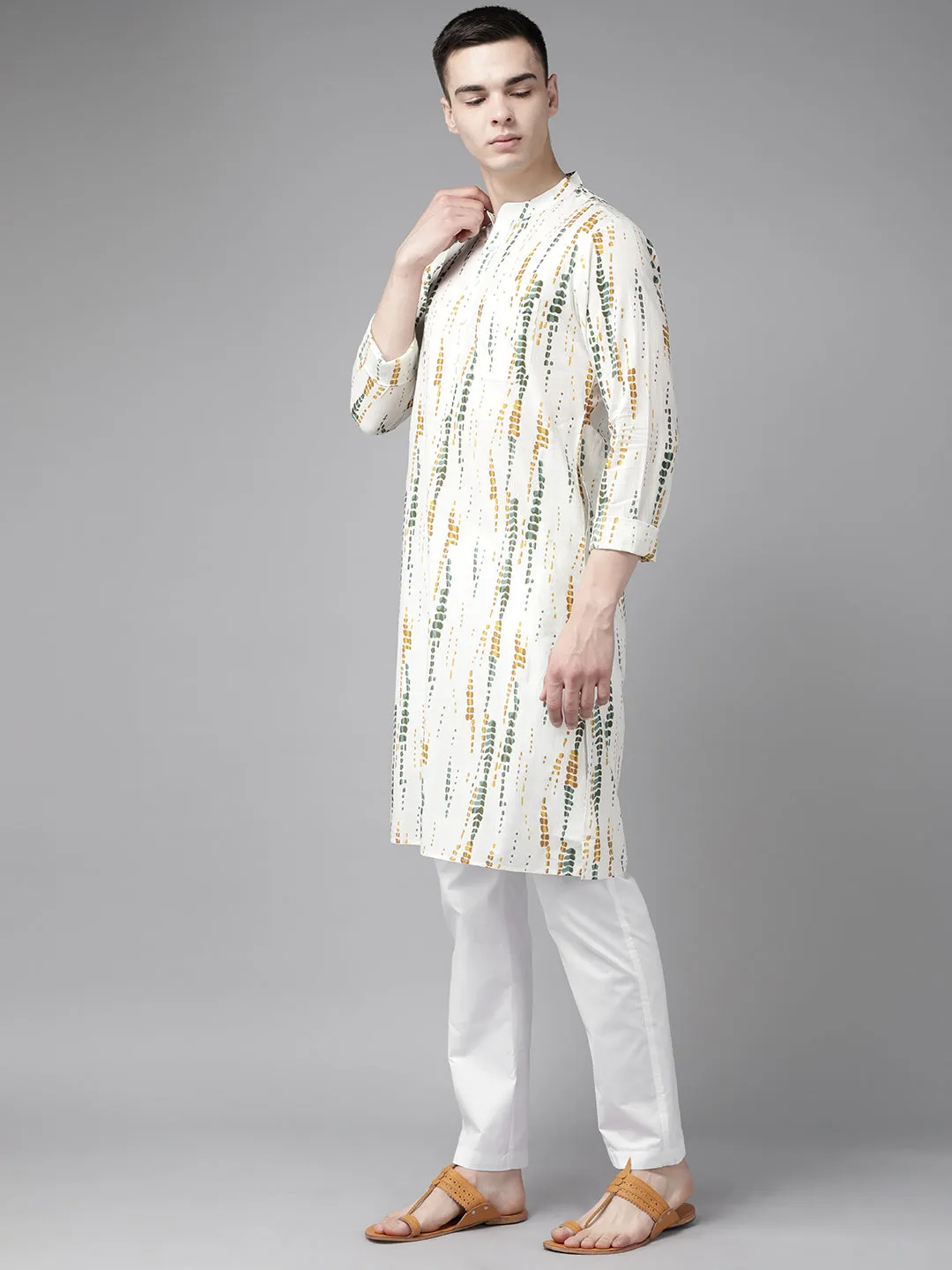 Men White Multi Tie And Dye Print Design Straight Kurta With Pajama