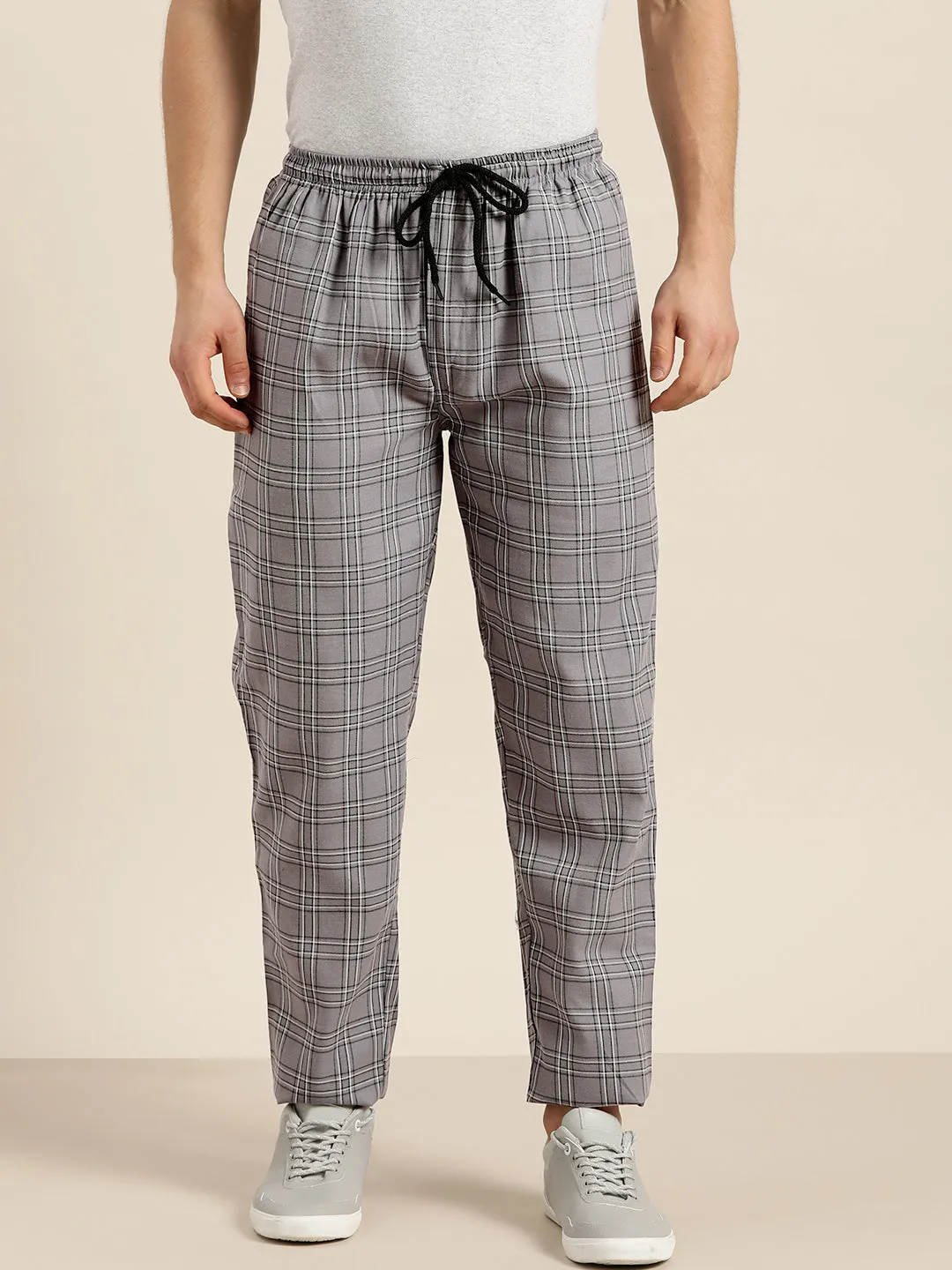 Men's Cotton Grey & White Checked Track Pant - Sojanya