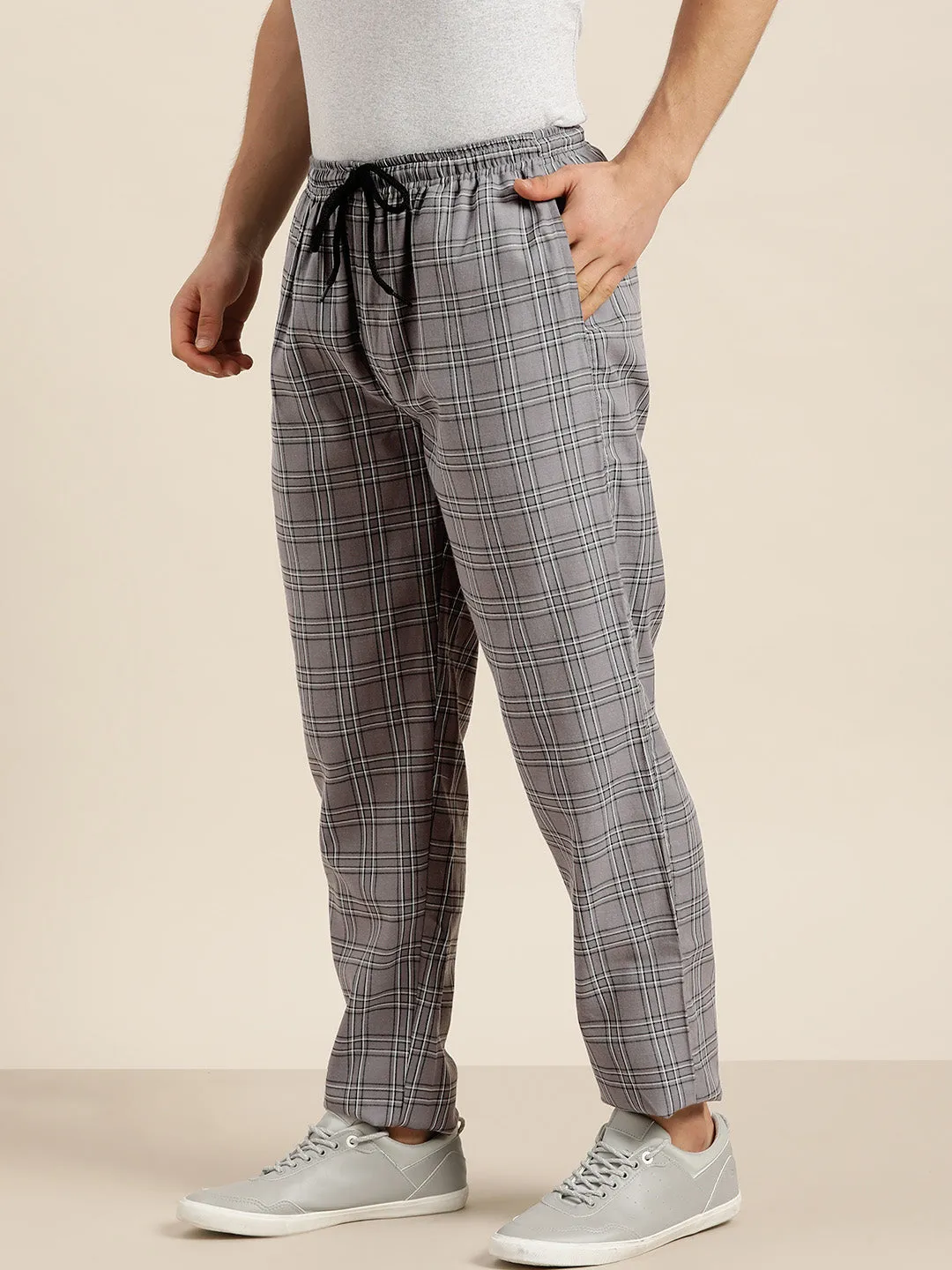 Men's Cotton Grey & White Checked Track Pant - Sojanya