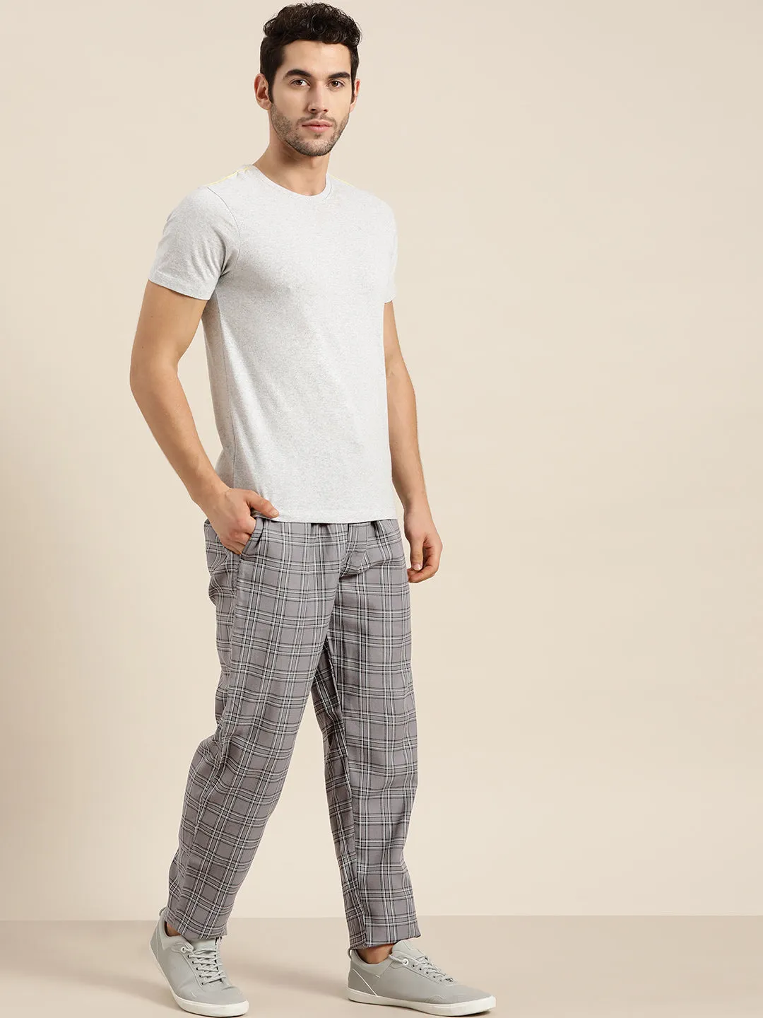 Men's Cotton Grey & White Checked Track Pant - Sojanya