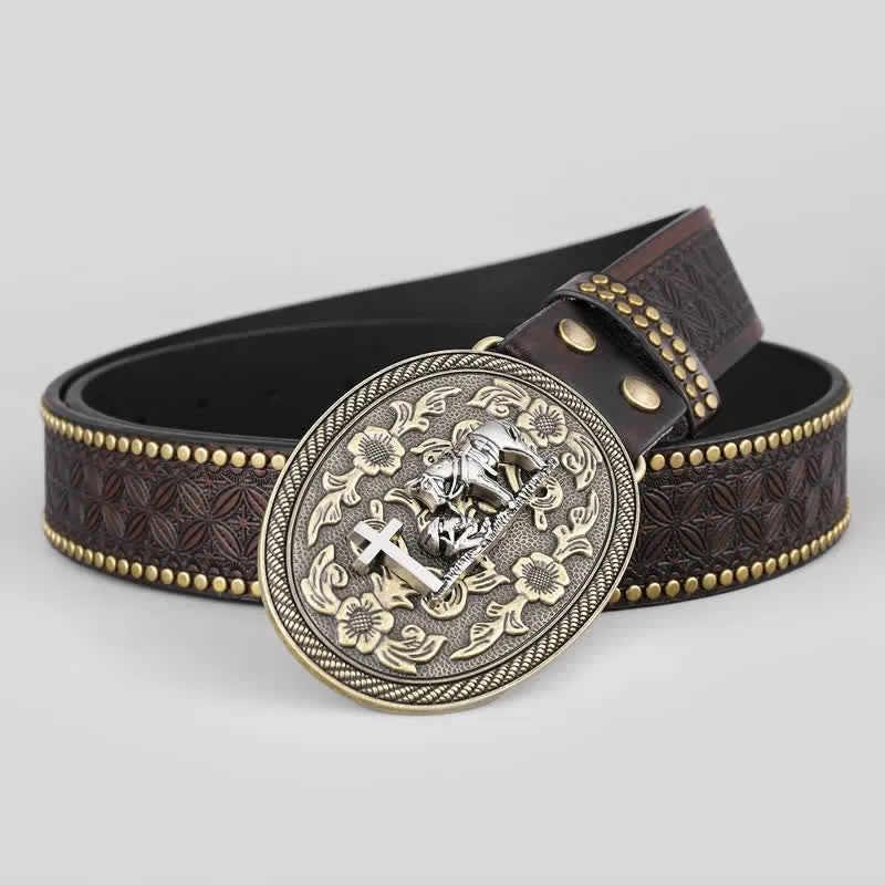 Men's Cross Horse Decor Oval Buckle Leather Belt