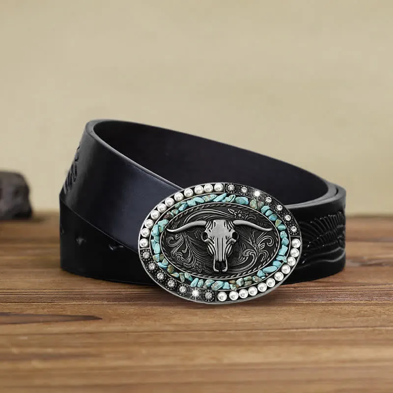 Men's DIY Sparkling Pearl Stones Bull Buckle Leather Belt