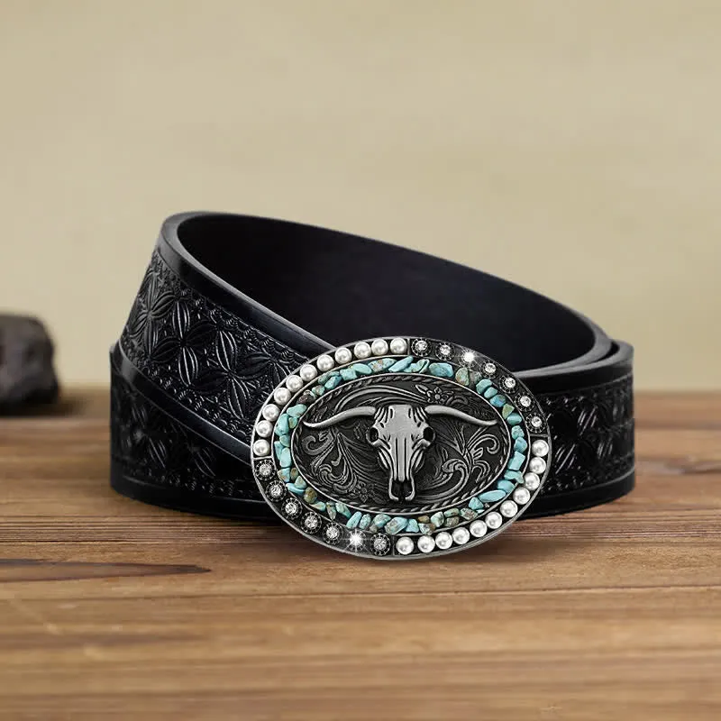 Men's DIY Sparkling Pearl Stones Bull Buckle Leather Belt