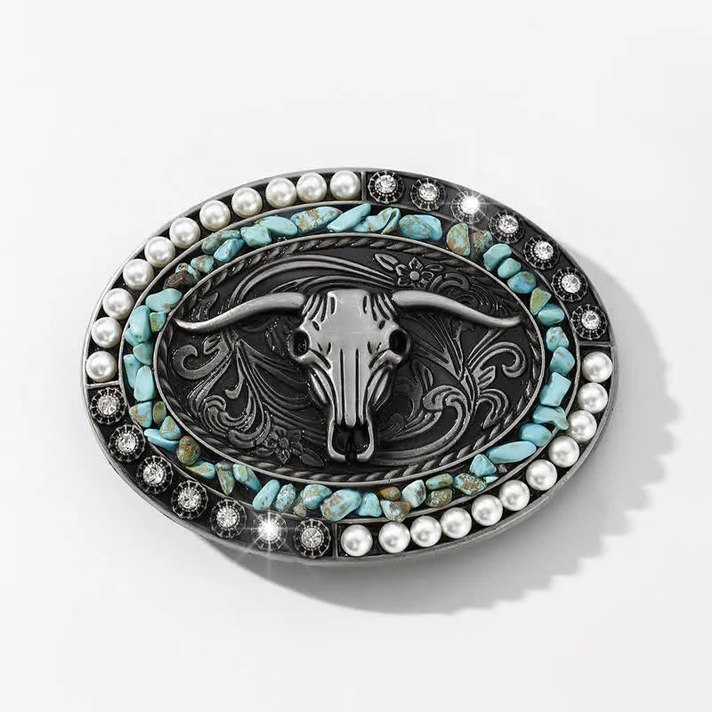 Men's DIY Sparkling Pearl Stones Bull Buckle Leather Belt