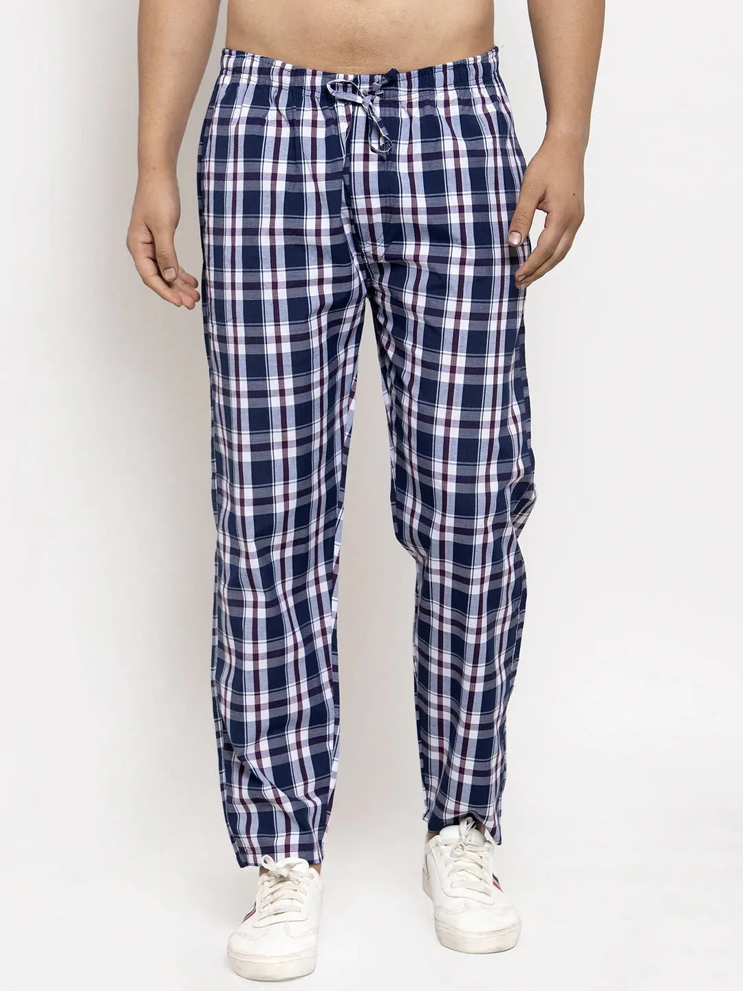 Men'S Navy Blue Checked Cotton Track Pants