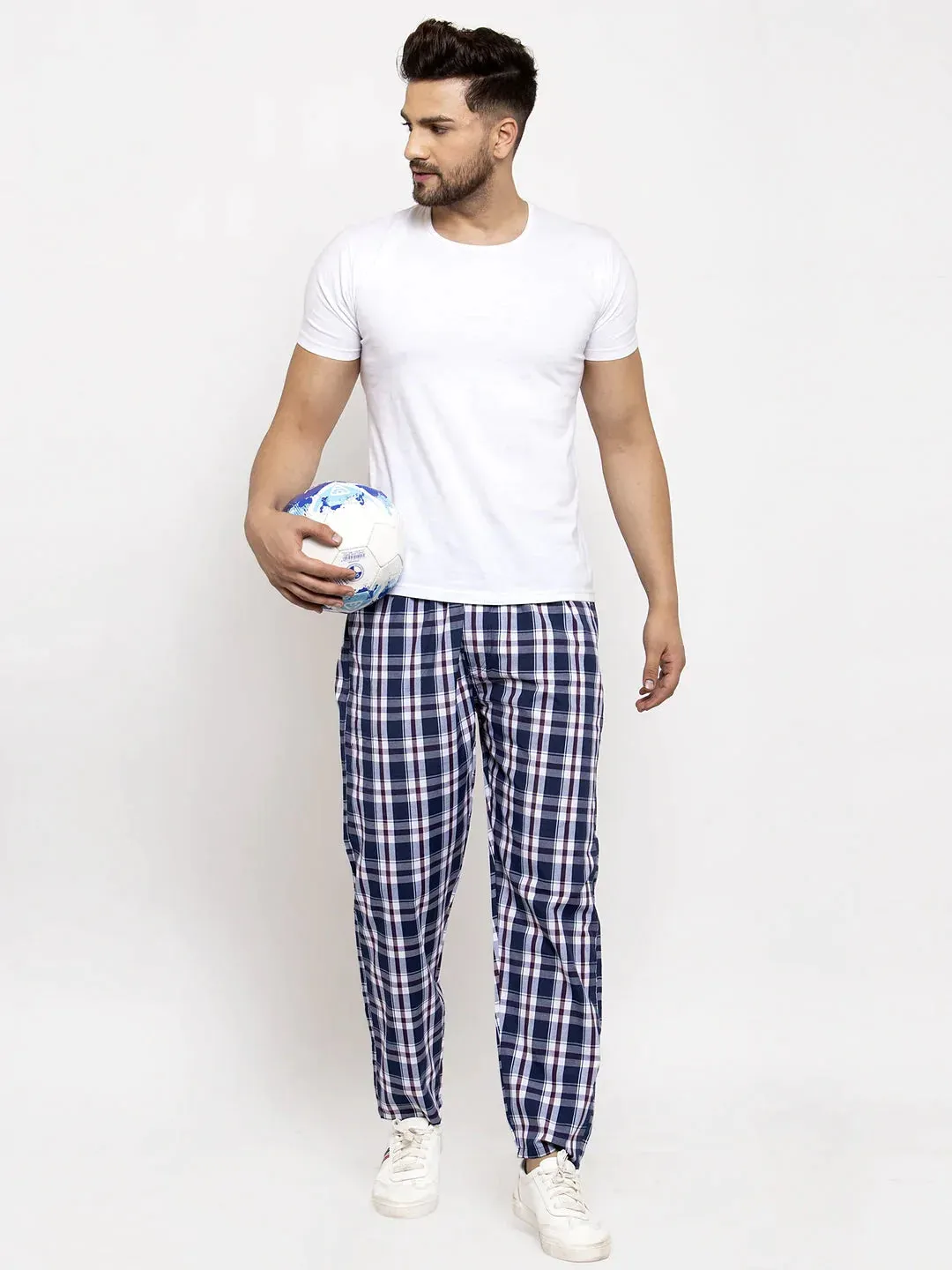 Men'S Navy Blue Checked Cotton Track Pants