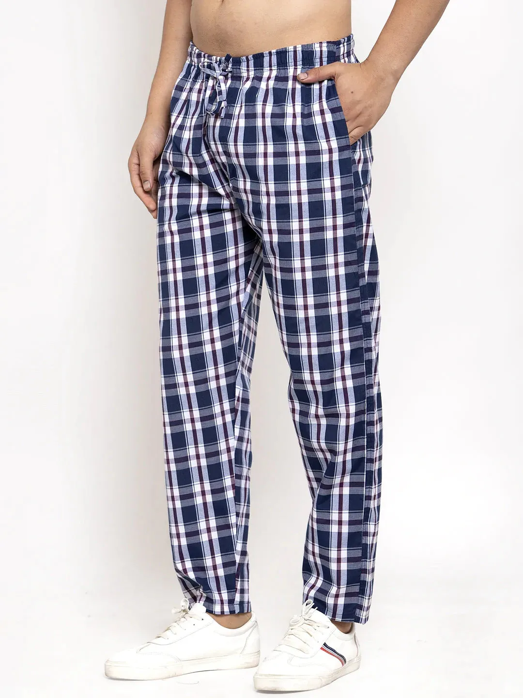 Men'S Navy Blue Checked Cotton Track Pants