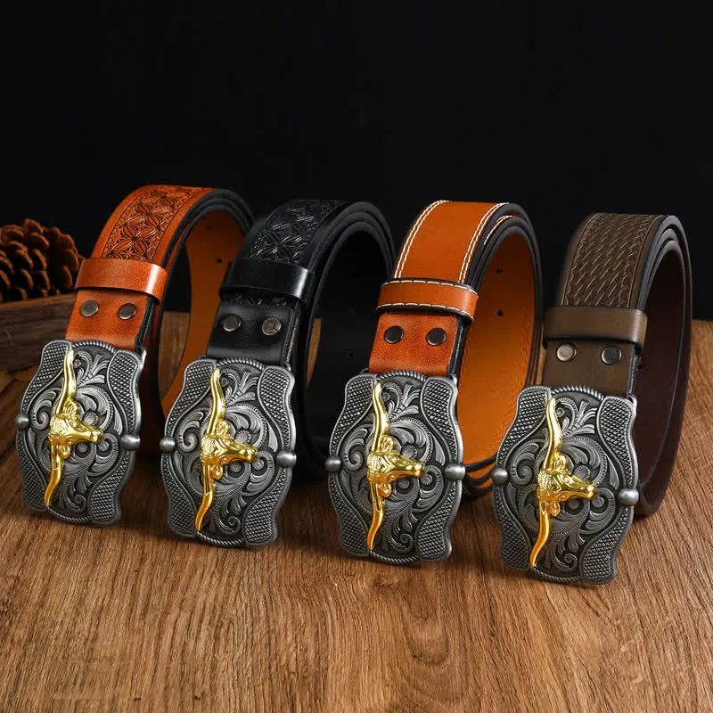 Men's Square Golden Longhorn Bull Leather Belt