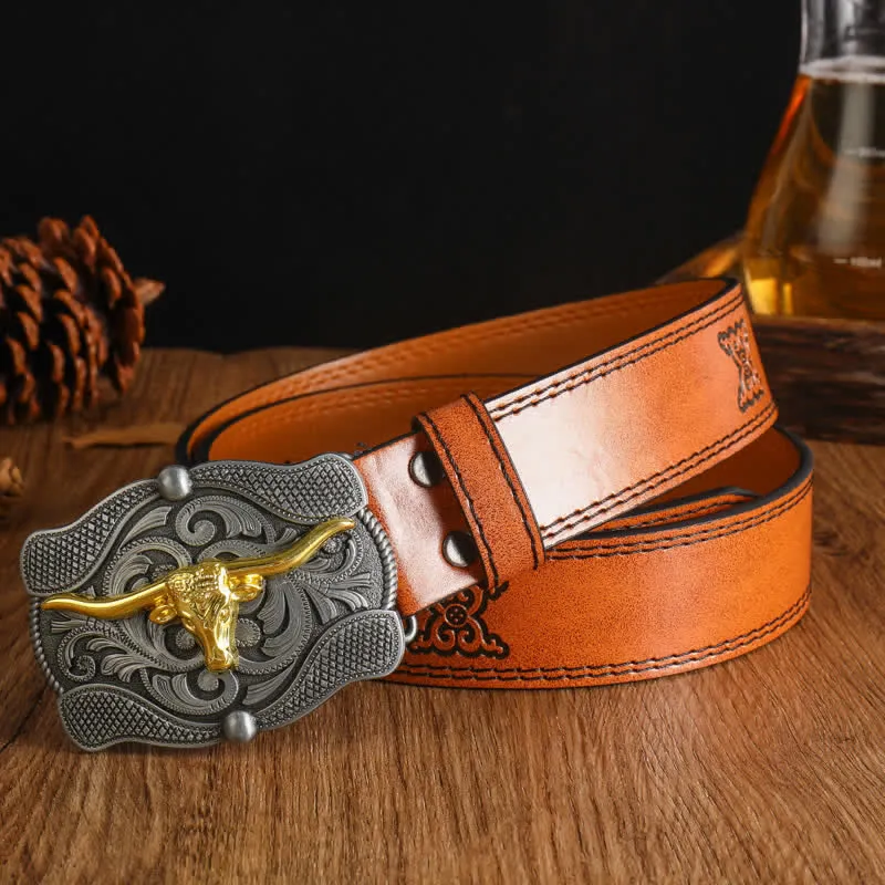 Men's Square Golden Longhorn Bull Leather Belt