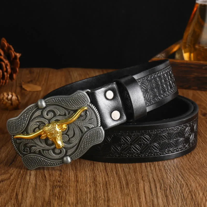 Men's Square Golden Longhorn Bull Leather Belt