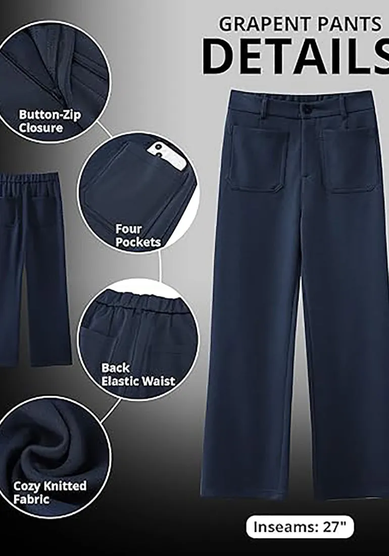 Navy Blue Women's  High Waist Relaxed Fit Wide Leg Cropped Length Style Casual Pants With Pockets