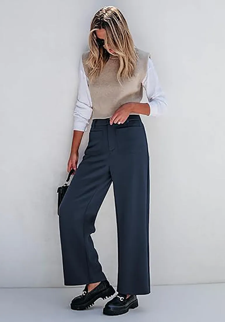 Navy Blue Women's  High Waist Relaxed Fit Wide Leg Cropped Length Style Casual Pants With Pockets