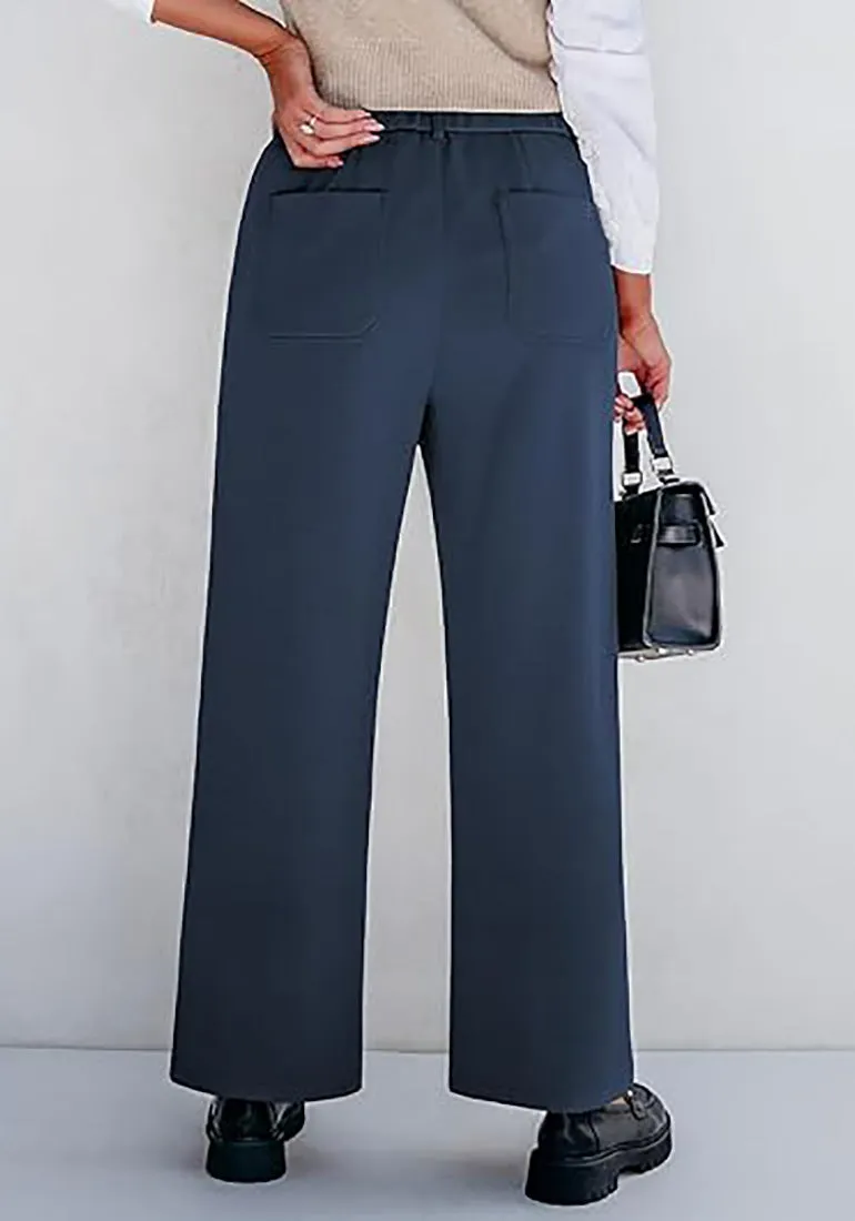 Navy Blue Women's  High Waist Relaxed Fit Wide Leg Cropped Length Style Casual Pants With Pockets