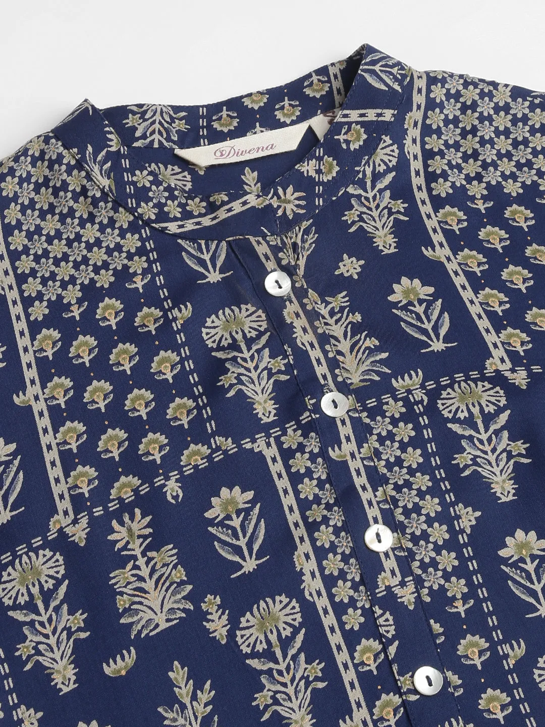 Navy Floral Digital Printed Straight Fold Sleeve Kurta