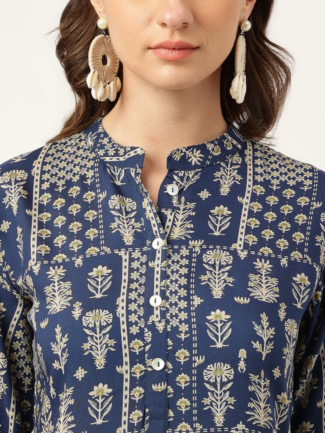 Navy Floral Digital Printed Straight Fold Sleeve Kurta