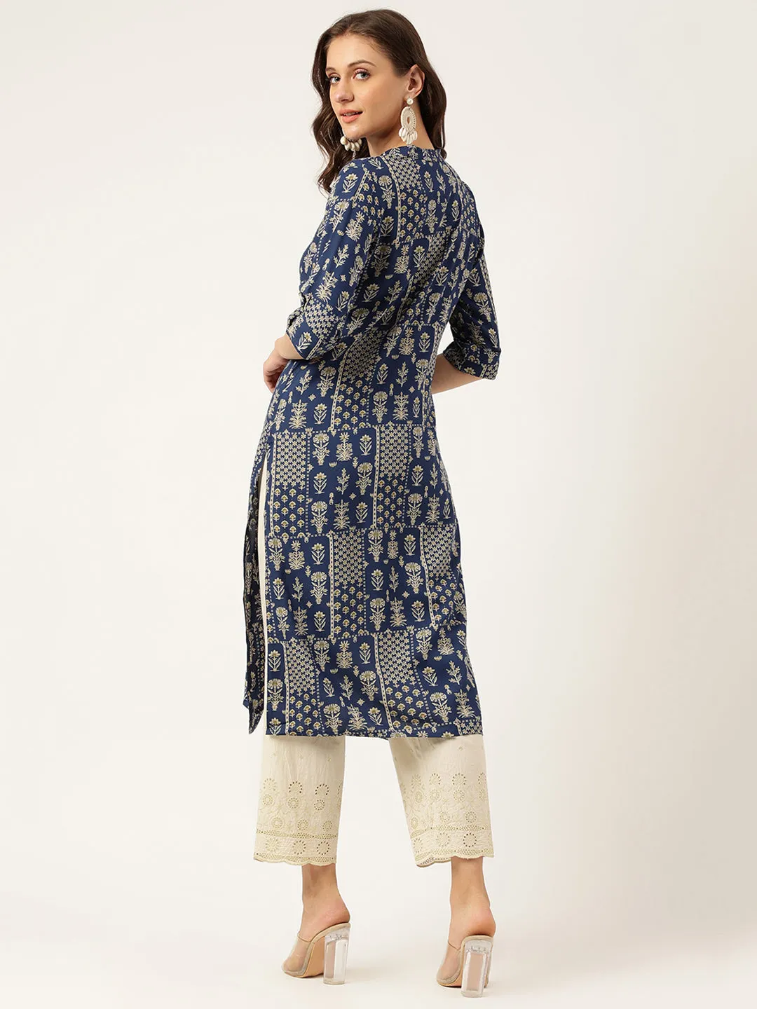 Navy Floral Digital Printed Straight Fold Sleeve Kurta