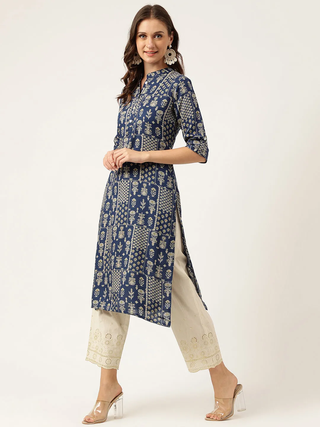 Navy Floral Digital Printed Straight Fold Sleeve Kurta