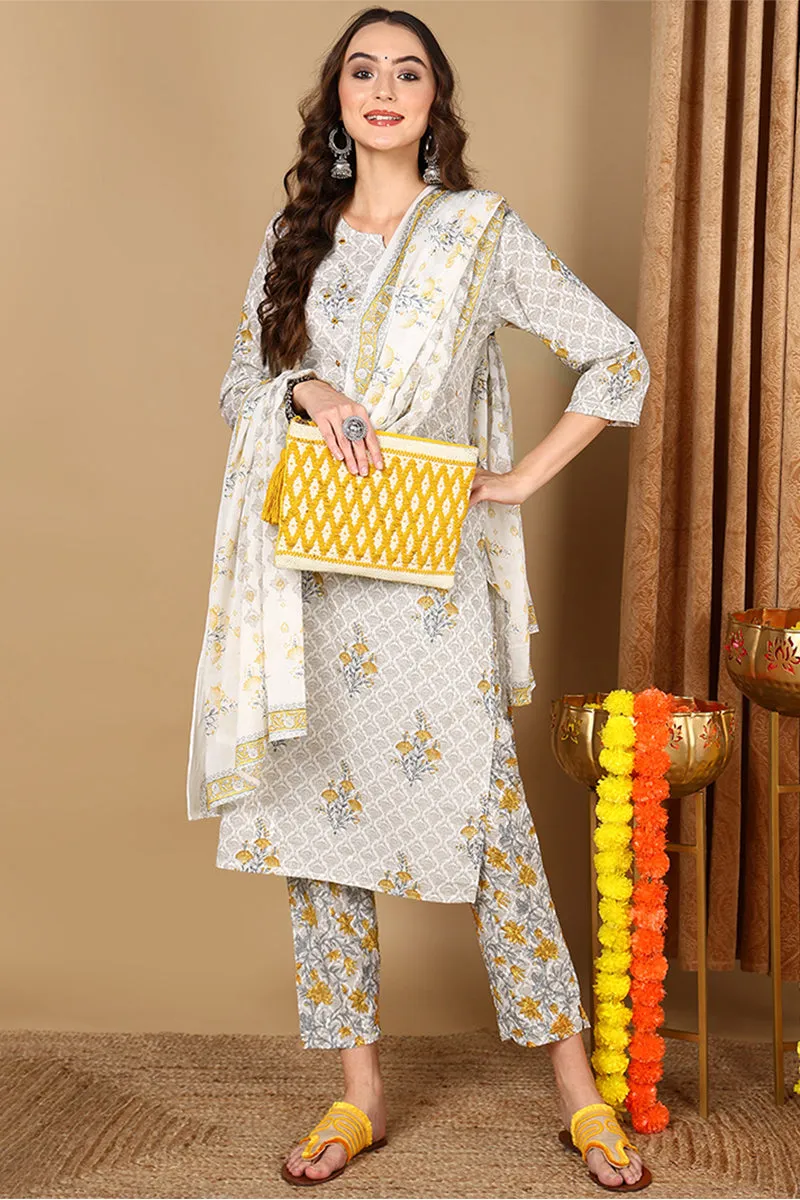 Off White Pure Cotton Ethnic Printed Straight Suit Set