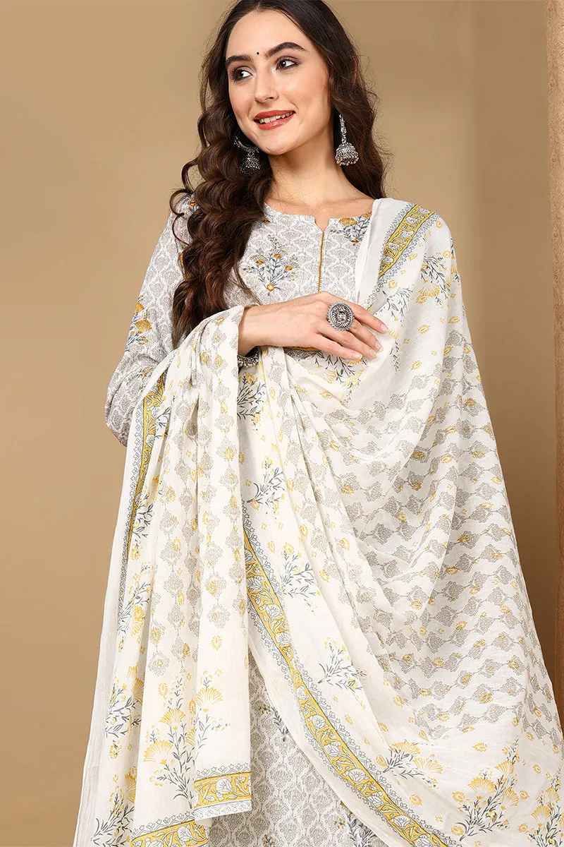 Off White Pure Cotton Ethnic Printed Straight Suit Set