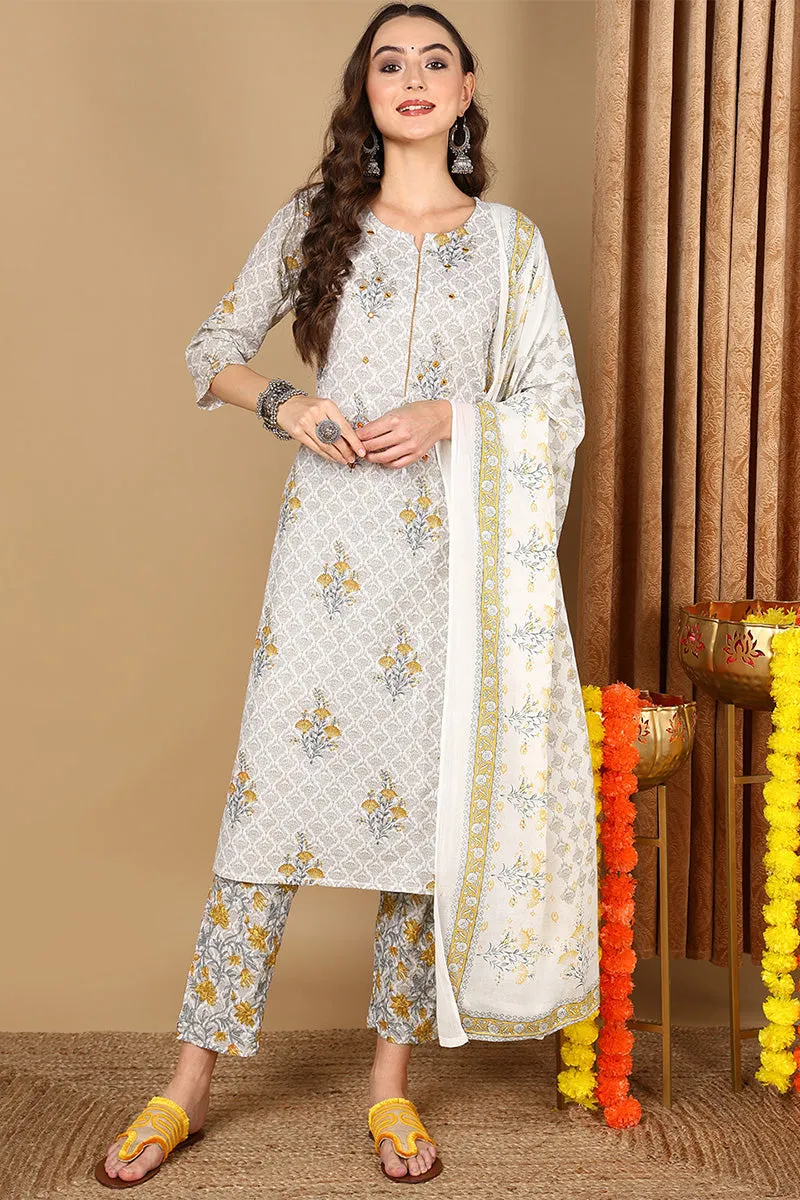 Off White Pure Cotton Ethnic Printed Straight Suit Set