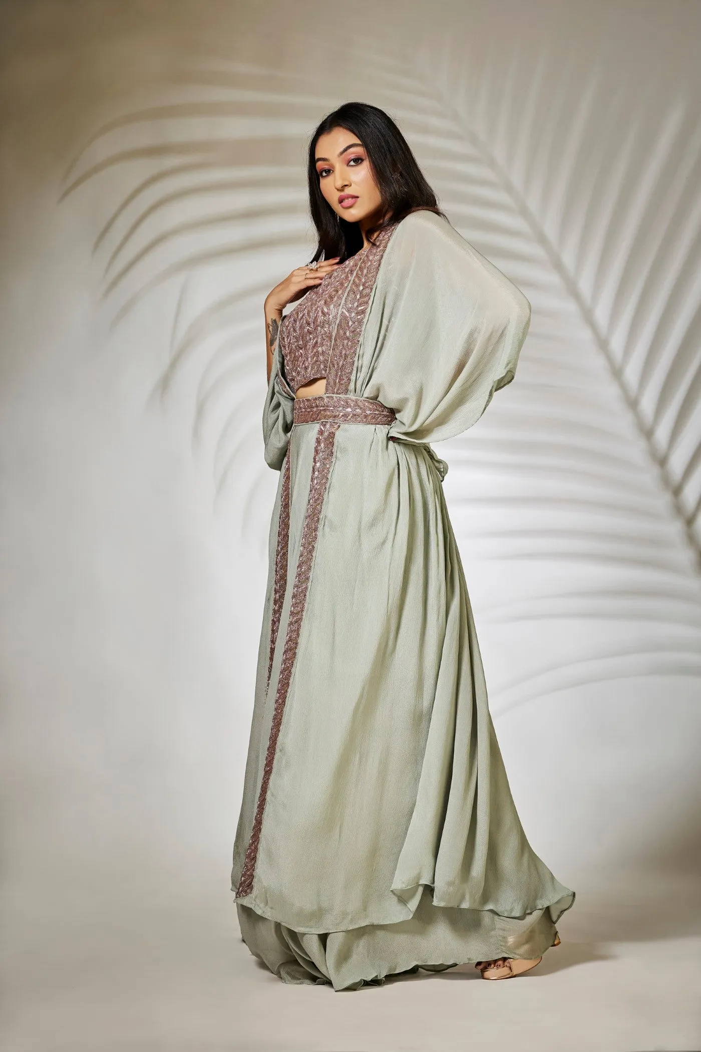 Pastel Green Pure Chinnon Silk Plazzo Set with Cape