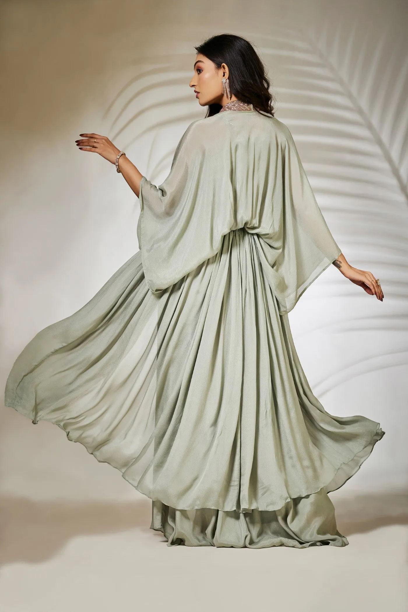 Pastel Green Pure Chinnon Silk Plazzo Set with Cape