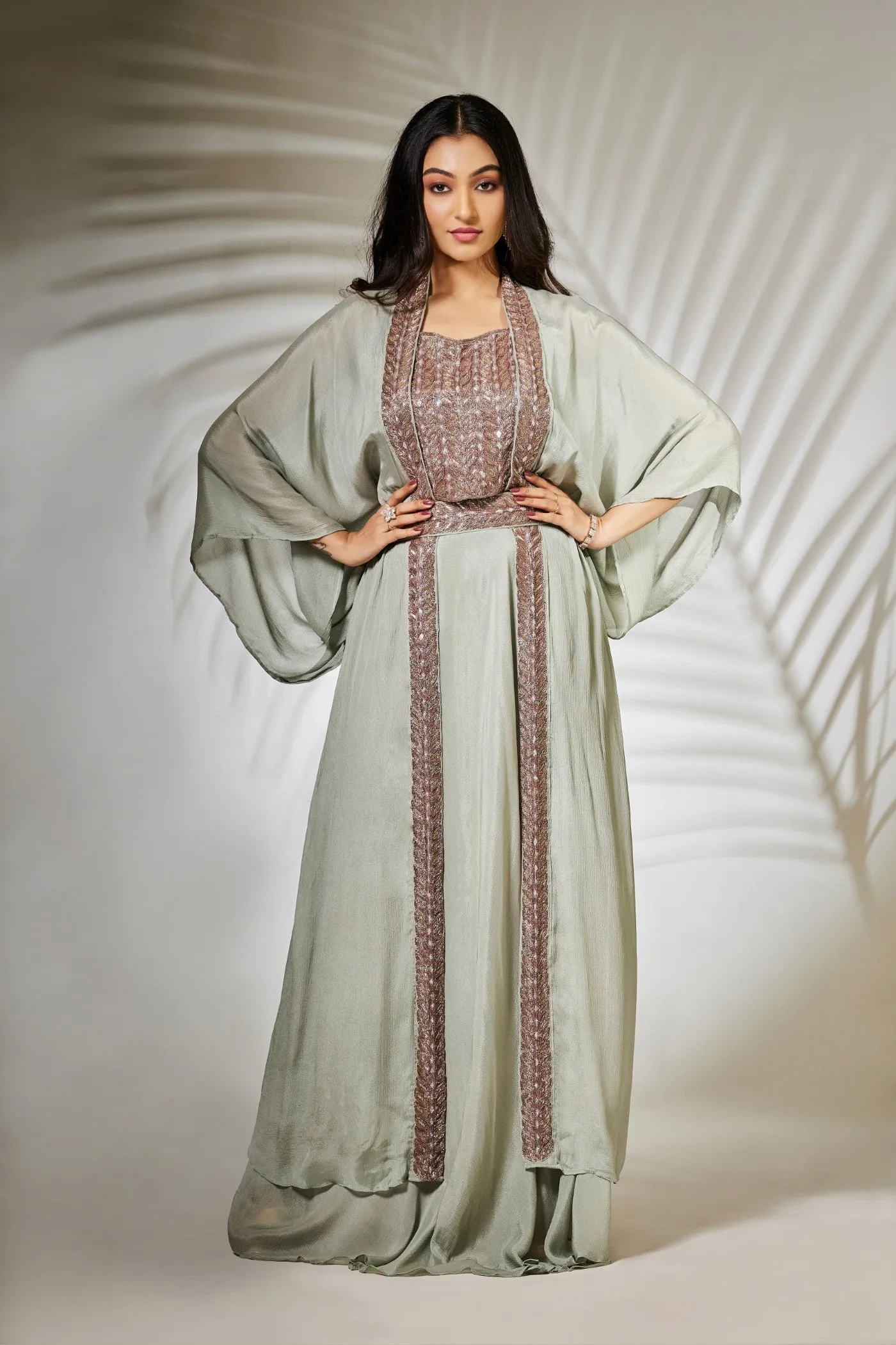 Pastel Green Pure Chinnon Silk Plazzo Set with Cape