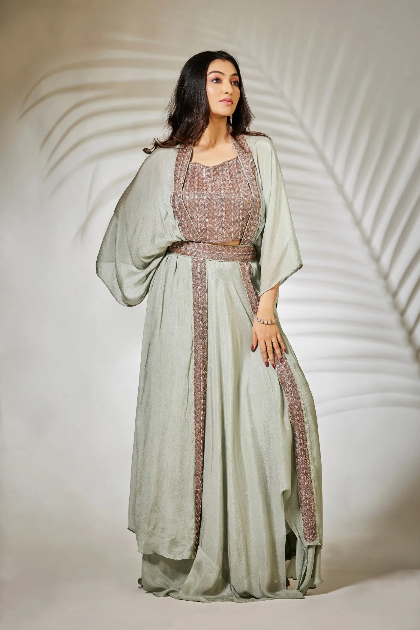 Pastel Green Pure Chinnon Silk Plazzo Set with Cape