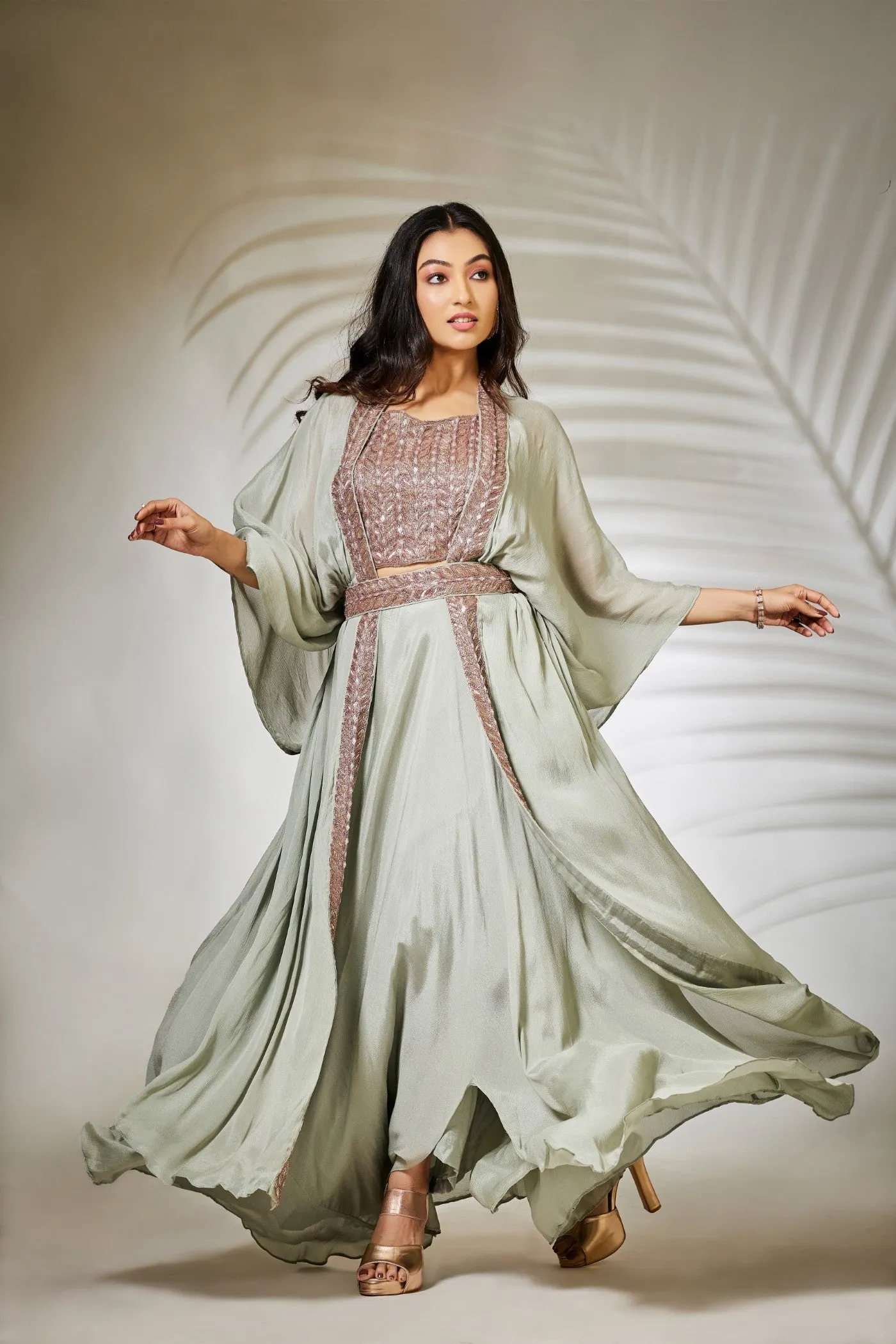 Pastel Green Pure Chinnon Silk Plazzo Set with Cape