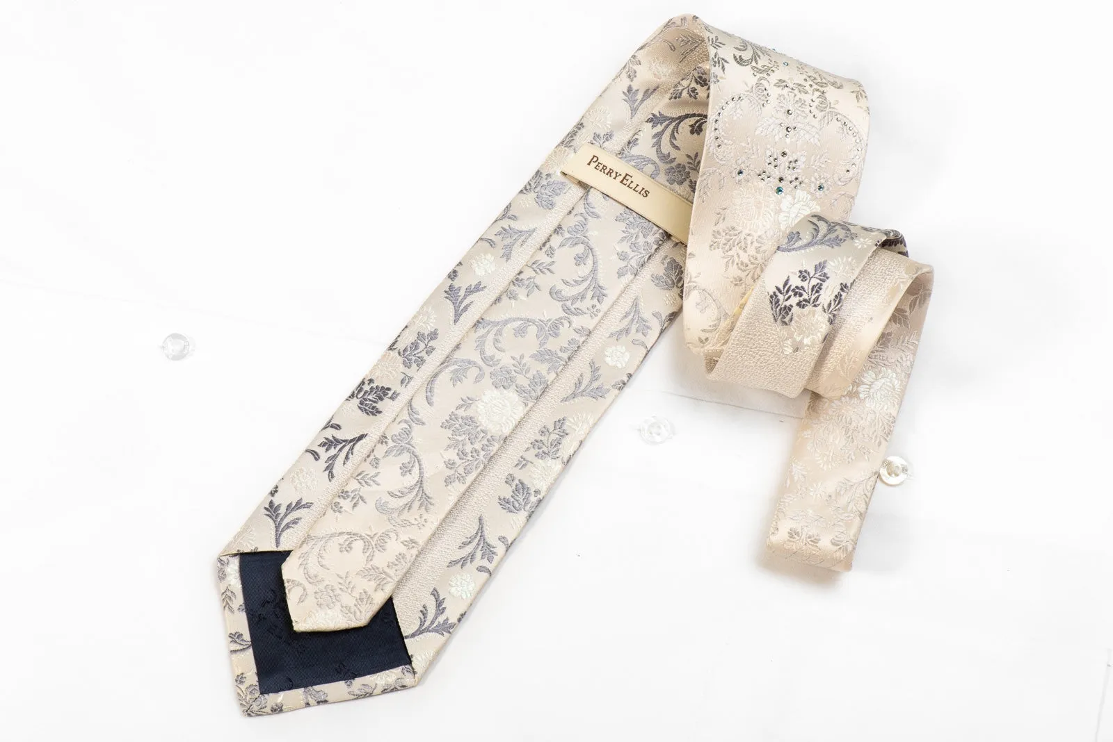 Perry Ellis Men's Crystal Tie Silver Floral Damask On White Sparkling With Rhinestones