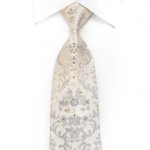 Perry Ellis Men's Crystal Tie Silver Floral Damask On White Sparkling With Rhinestones