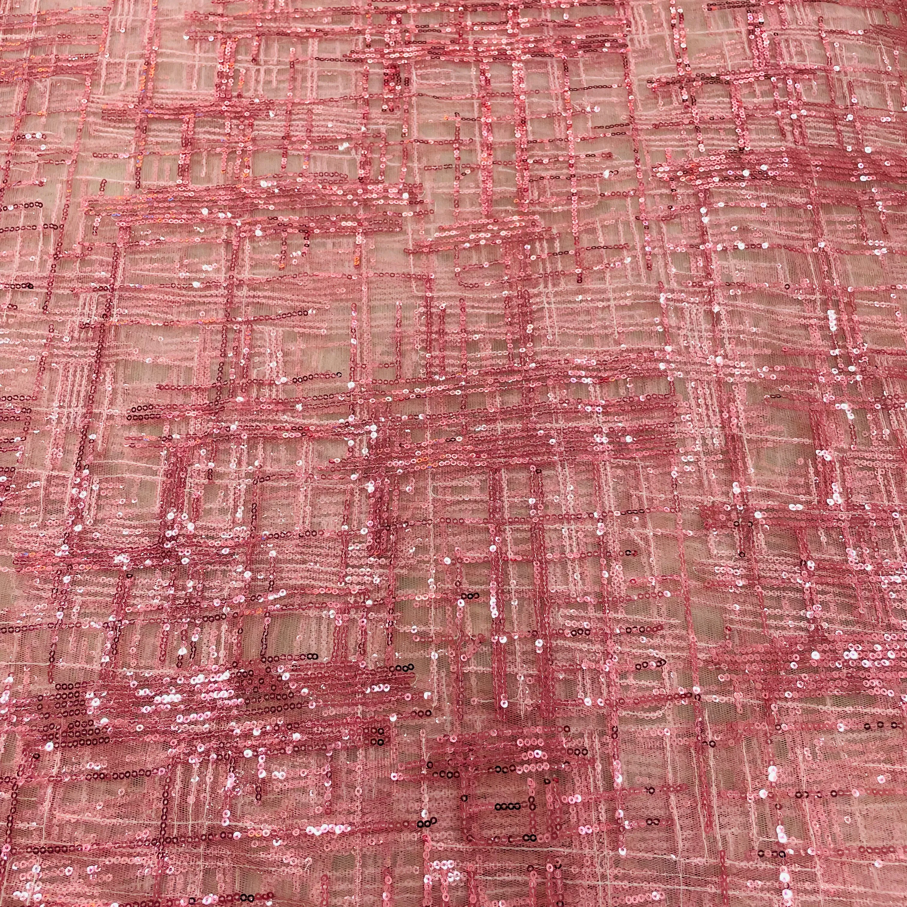 Pink Checks Sequins Embroidery Net Fabric