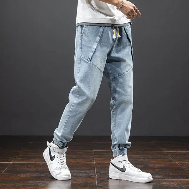 Plus Size Summer Harem Jeans Men Stretched Denim Pants Streetwear Black Joggers Men Casual Baggy Jeans Trousers 6XL 7XL 8XL