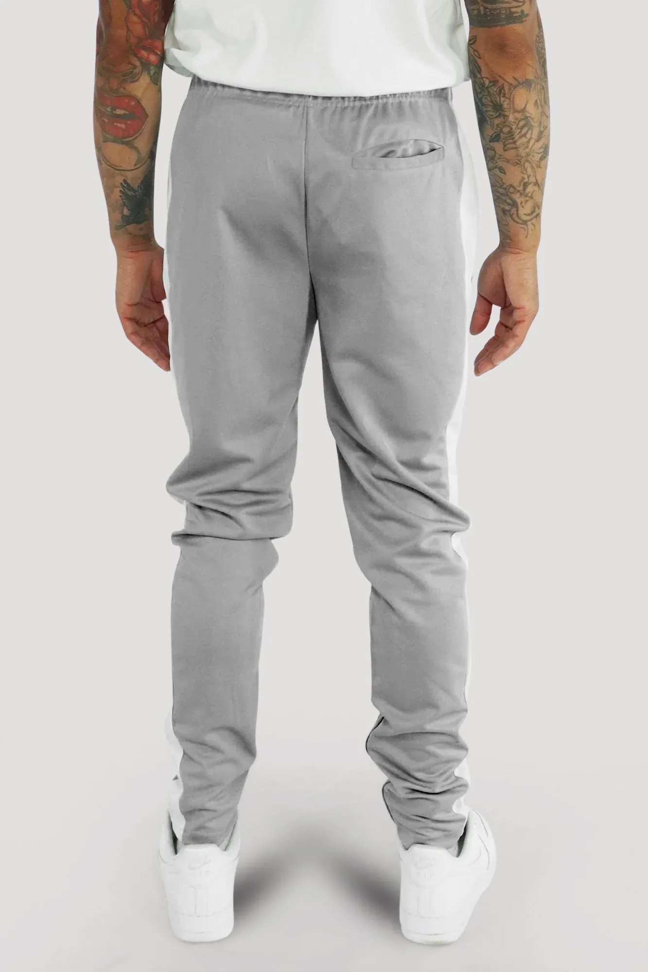 Premium Side Stripe Zip Pocket Track Pants (Grey-White)