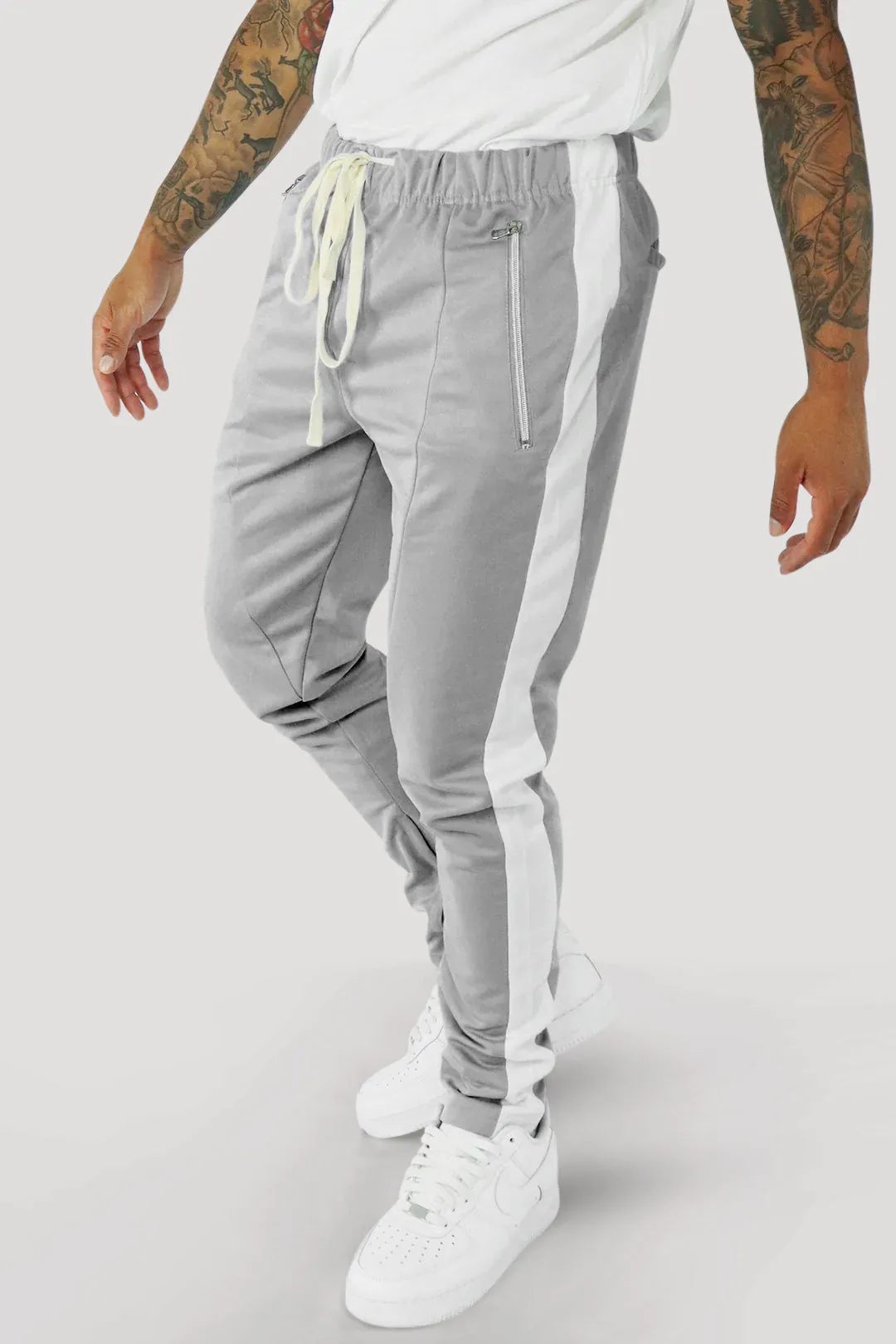 Premium Side Stripe Zip Pocket Track Pants (Grey-White)