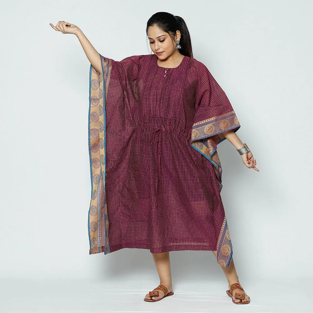 Purple - Kanchipuram Checks Cotton Kaftan with Tie-Up Waist (Medium)